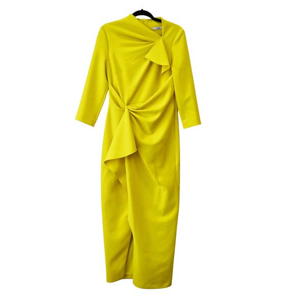 Safiyaa Dresses & Skirts - Safiyaa Avery Bright Yellow Draped Crepe Asymmetric Midi Dress Size 10